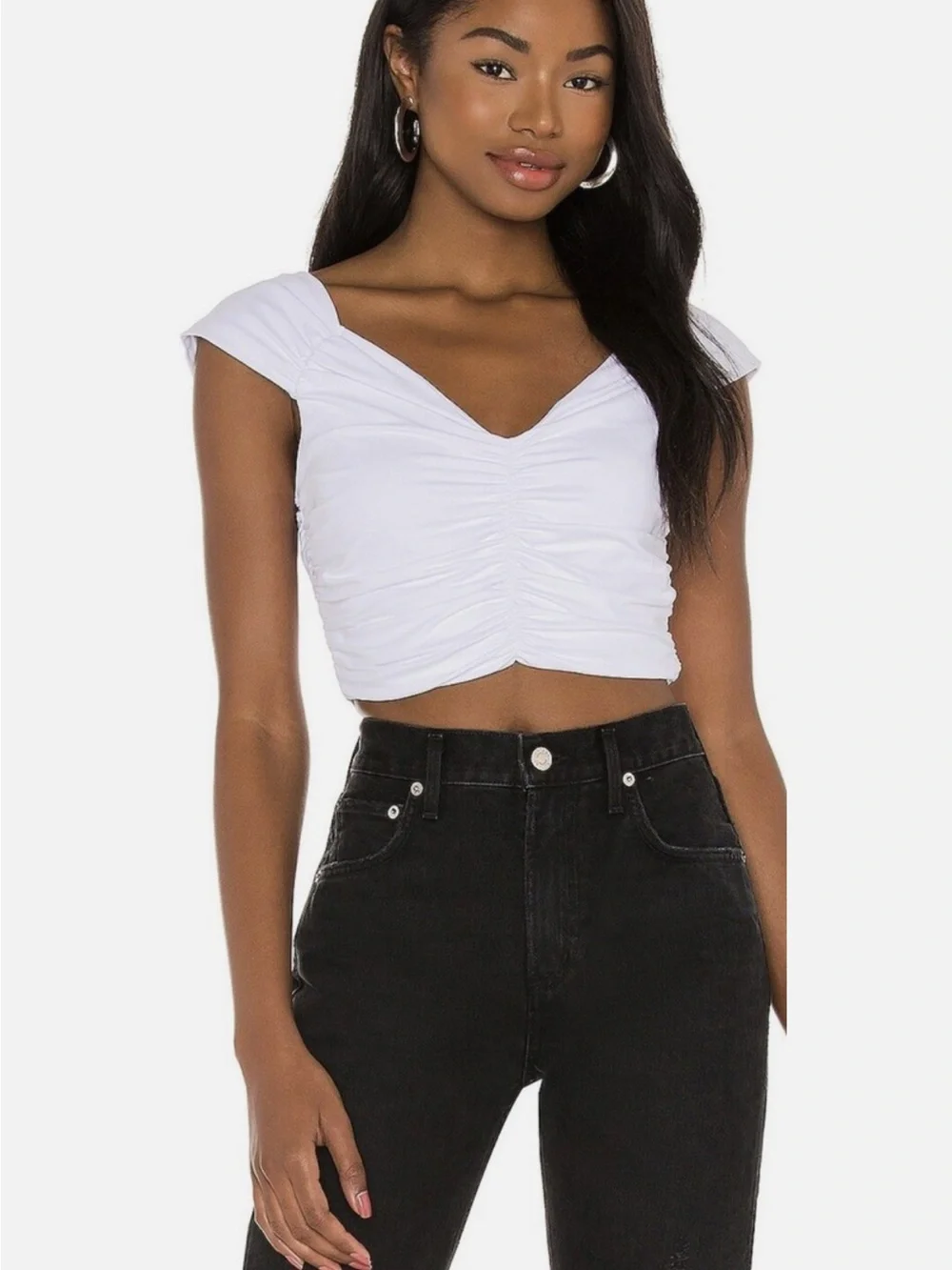 David Lerner White Ruched Off Shoulder Crop Top XS